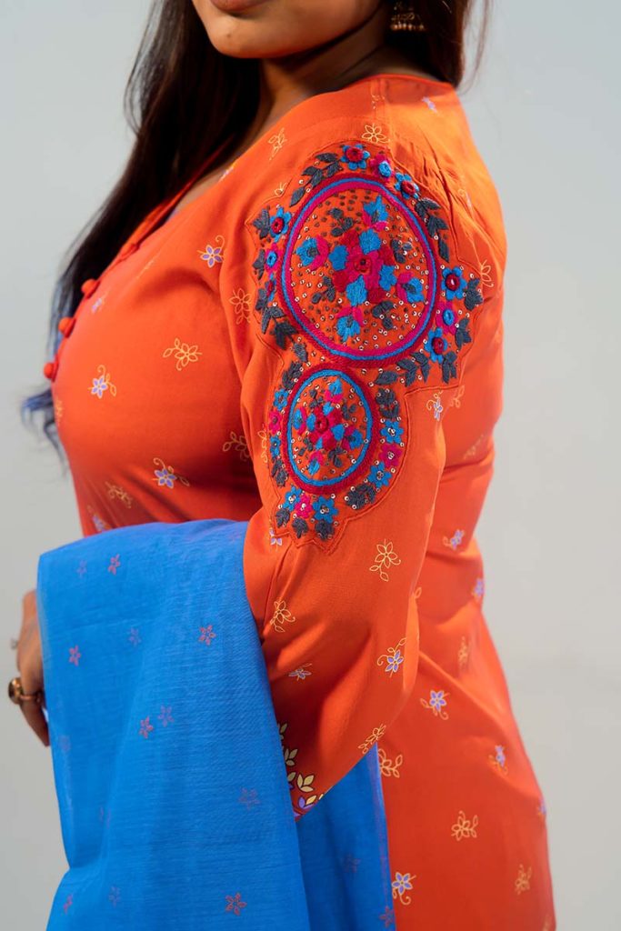 Orange Linen Printed & Hand Embroidered Salwar Kameez Set - KAY KRAFT
