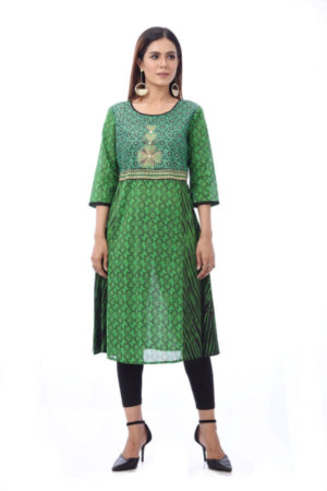 Green Cotton Printed, Embroidered; Tie-dyed Kurti; Handicrafts; Kay Kraft; Bangladesh; Fashion; Textiles; Bangladeshi Fashion