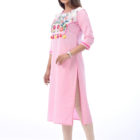 Baby Pink Blended Cotton Embroidered Kurti