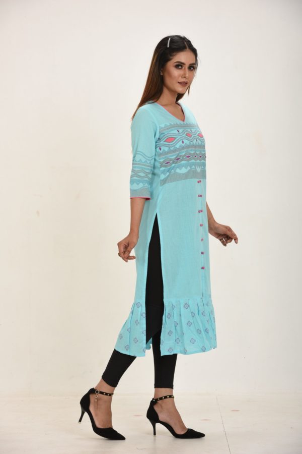 Turquoise Cotton Printed & Embroidered Kurti