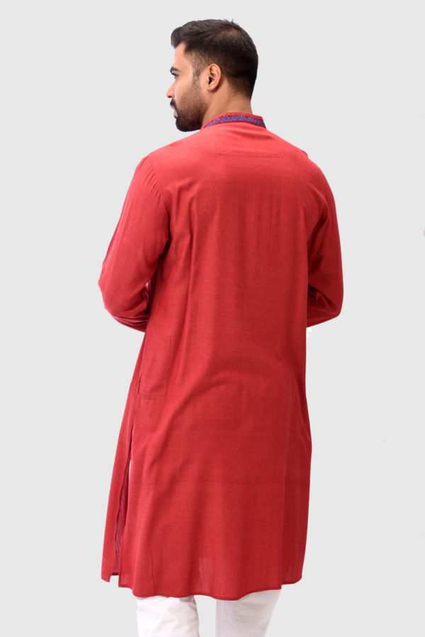 Coral Red Cotton Embroidered Panjabi