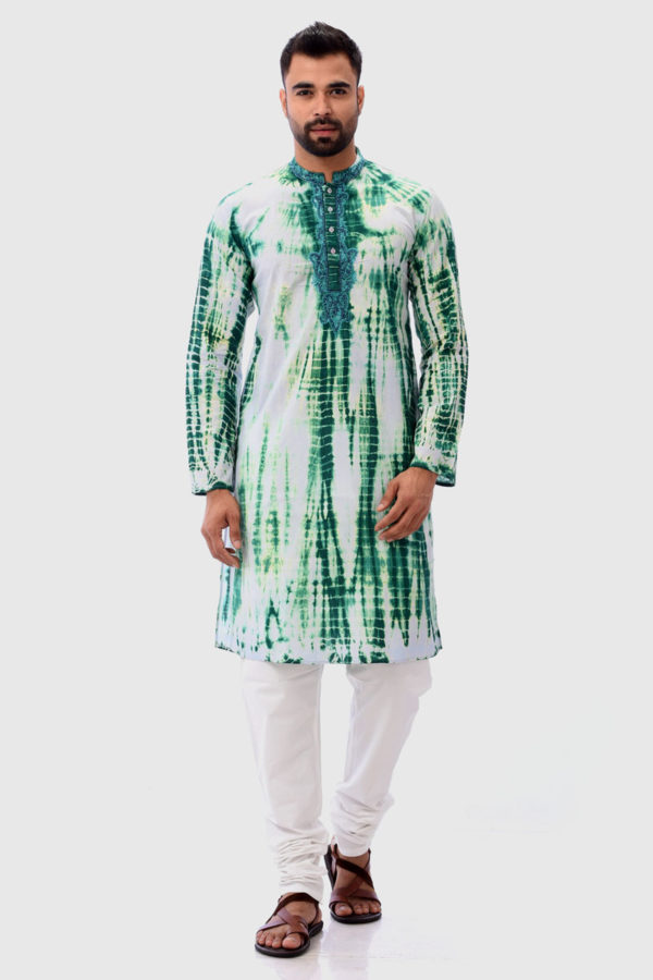 Green Cotton Embroidered & Tie-dyed Panjabi