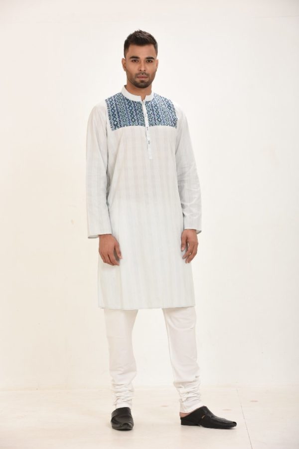 Off White Cotton Printed & Embroidered Panjabi