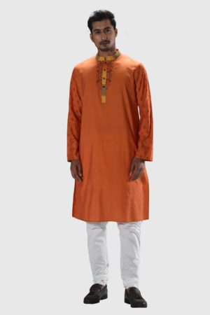 Orange Printed & Embroidered Cotton Panjabi