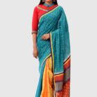 Turquoise Cotton Printed & Tie-Dyed Saree