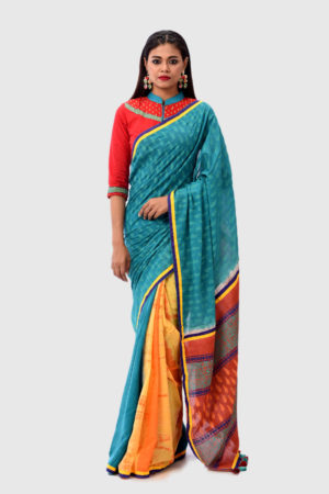 Turquoise Cotton Printed & Tie-Dyed Saree