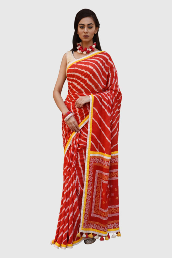 Red Cotton Printed & Tie-Dyed Saree