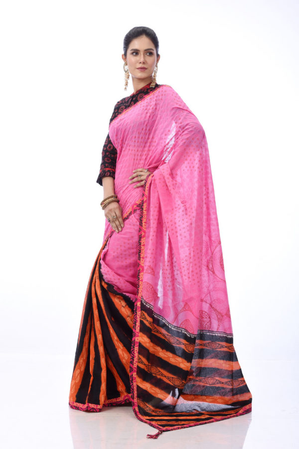 Pink Cotton Printed & Tie-dyed Saree