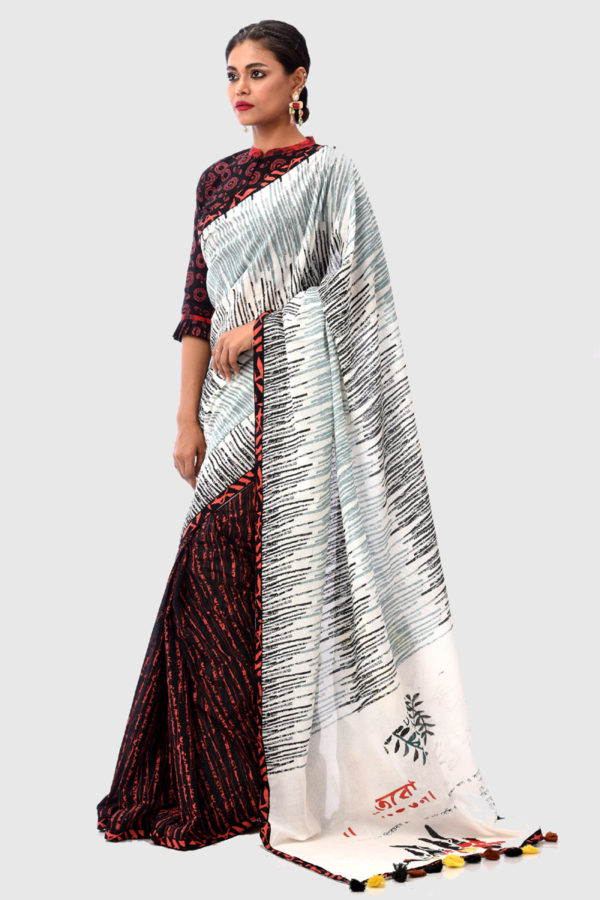 Off White Cotton Printed & Tie-Dyed Saree
