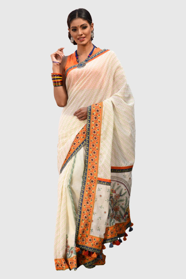 Off White Cotton Printed & Embroidered Saree