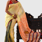 Yellow Half Silk Printed, Embroidered & Tie-dyed Saree