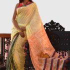 Yellow Half Silk Printed, Embroidered & Tie-dyed Saree