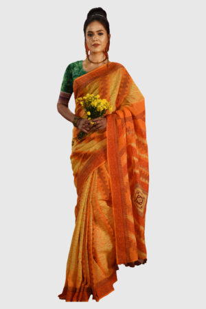 Orange Cotton Printed & Tie-Dyed Saree