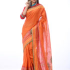 Orange Cotton Printed & Embroidered Saree