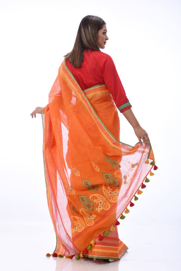 Orange Cotton Printed & Embroidered Saree