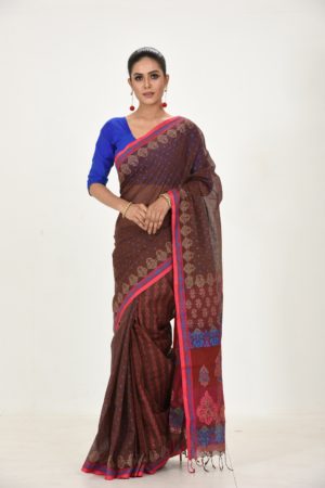 Coffee Cotton Printed & Embroidered Saree