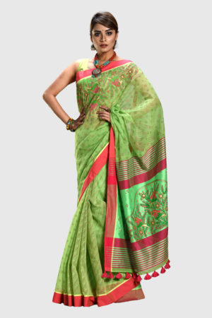 Parrot Green Half Silk Printed Saree