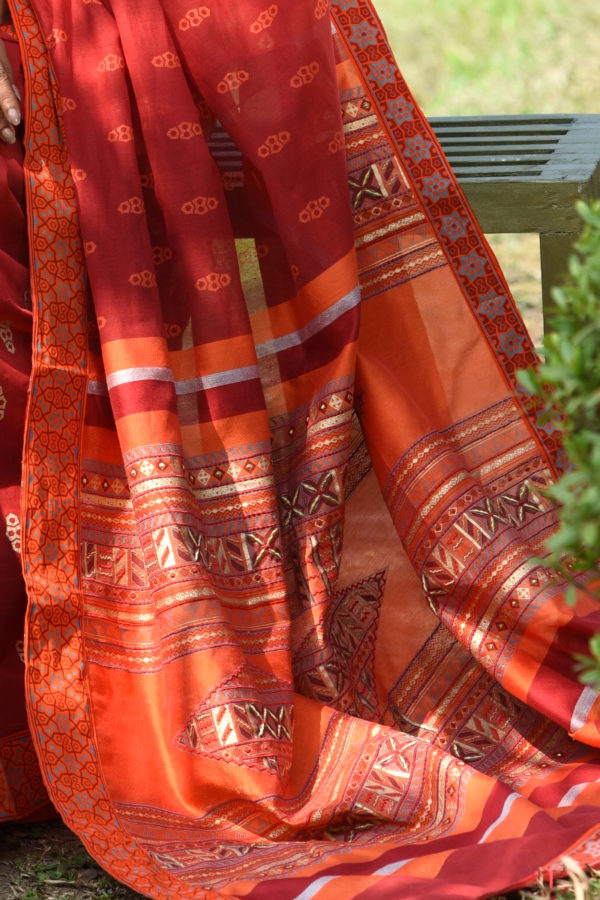 Brick Red Half Silk Printed & Embroidered Saree