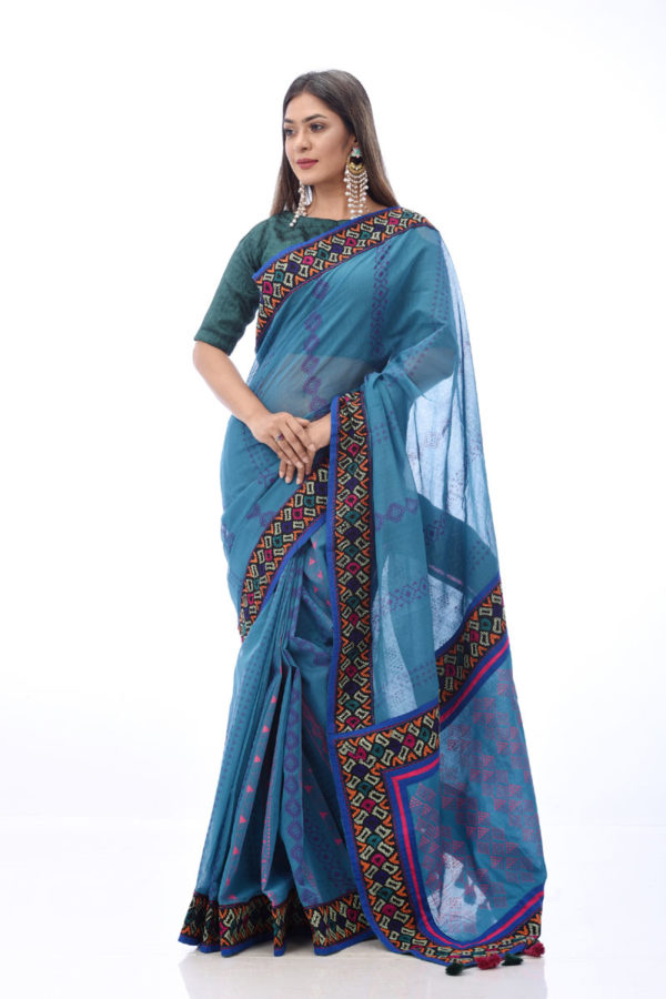 Half Silk Printed & Embroidered Saree