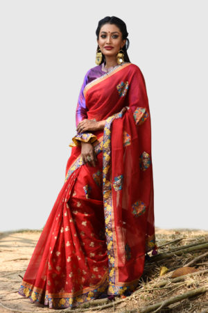 Red Muslin Printed & Embroidered Saree