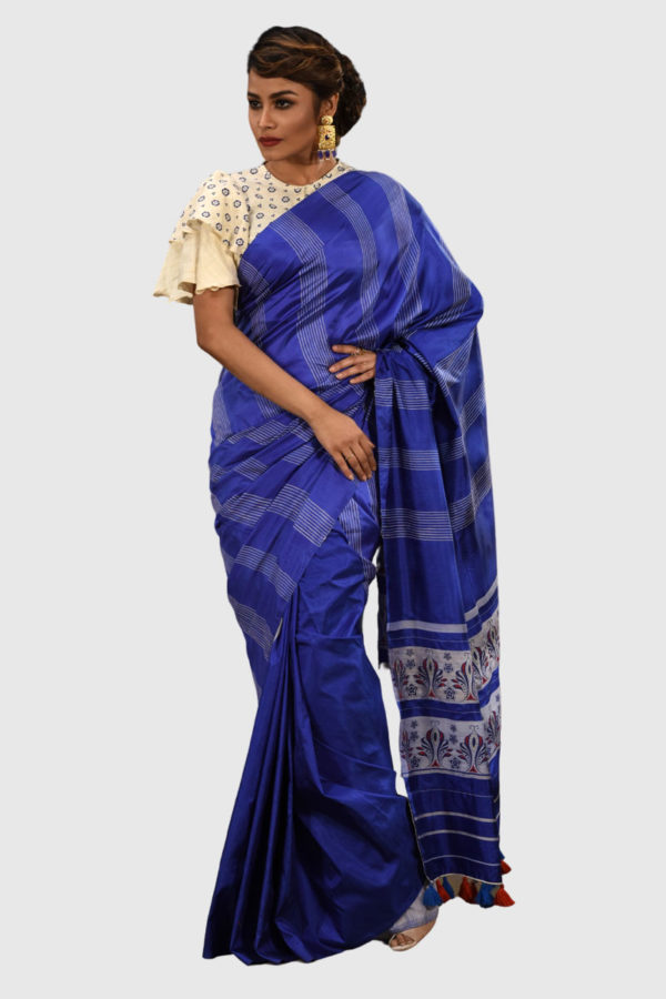 Blue Silk Printed & Embroidered Saree