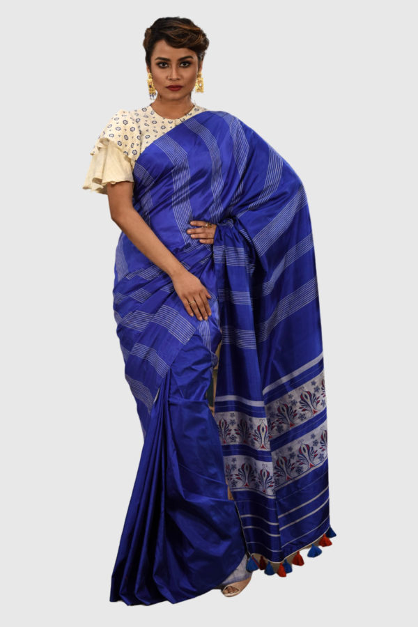 Blue Silk Printed & Embroidered Saree