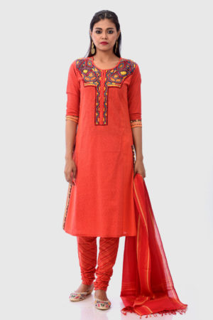 Red Cotton Printed & Embroidered Salwar Kameez