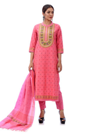 Imperial Red Cotton Printed Embroidered Salwar Kameez; Handicrafts; Kay Kraft; Bangladesh; Fashion; Textiles; Bangladeshi Fashion