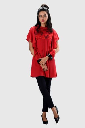 Red Georgette Printed & Embroidered Top