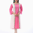 Coral Pink Cotton Printed & Embroidered Kurti