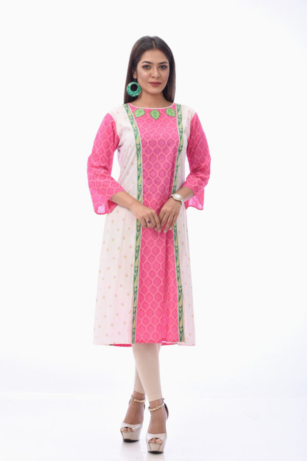 Coral Pink Cotton Printed & Embroidered Kurti