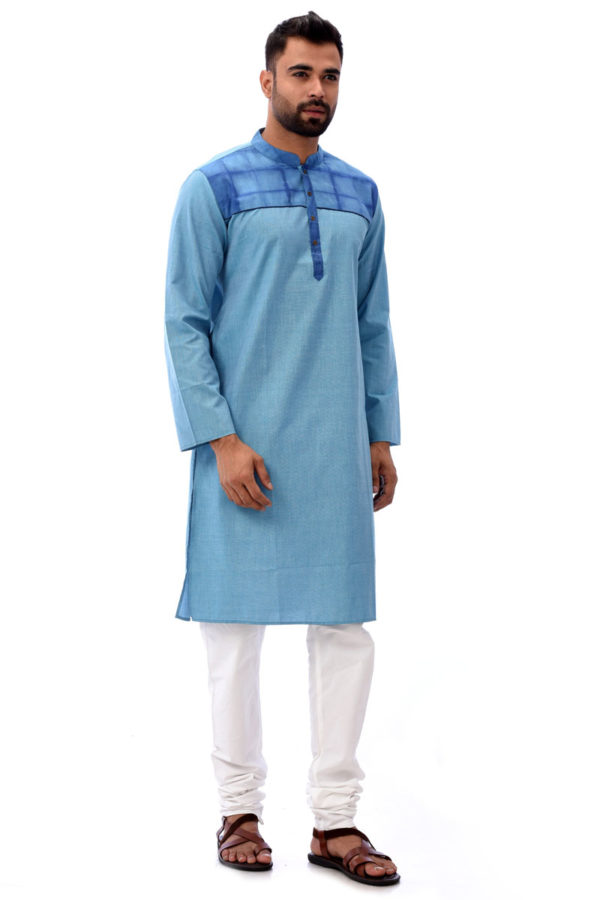Turquoise Cotton Tie-dyed Panjabi