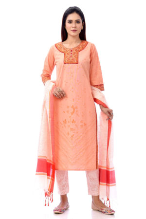 Peach Cotton Printed, Embroidered Tie-dyed Salwar Kameez; Handicrafts; Kay Kraft; Bangladesh; Fashion; Textiles; Bangladeshi Fashion