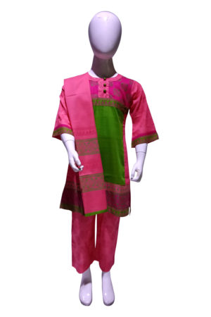 Olive Cotton Printed Salwar Kameez for Junior Girls; Handicrafts; Kay Kraft; Bangladesh; Fashion; Textiles; Bangladeshi Fashion; Handicrafts; Kay Kraft; Bangladesh; Fashion; Textiles; Bangladeshi Fashion