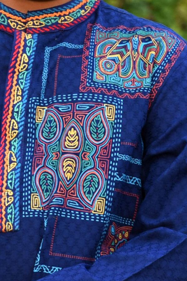 Blue Cotton Printed & Hand Embroidered Panjabi for Junior Boys