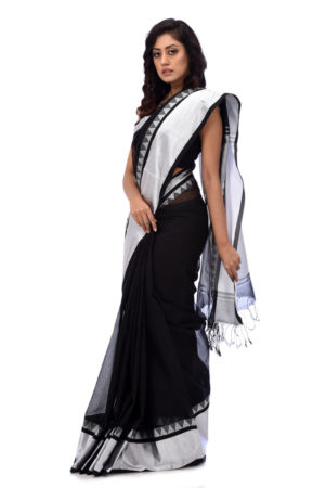 Black Half Silk Silver Paar Saree; Handicrafts; Kay Kraft; Bangladesh; Fashion; Textiles; Bangladeshi Fashion; Handicrafts; Kay Kraft; Bangladesh; Fashion; Textiles; Bangladeshi Fashion