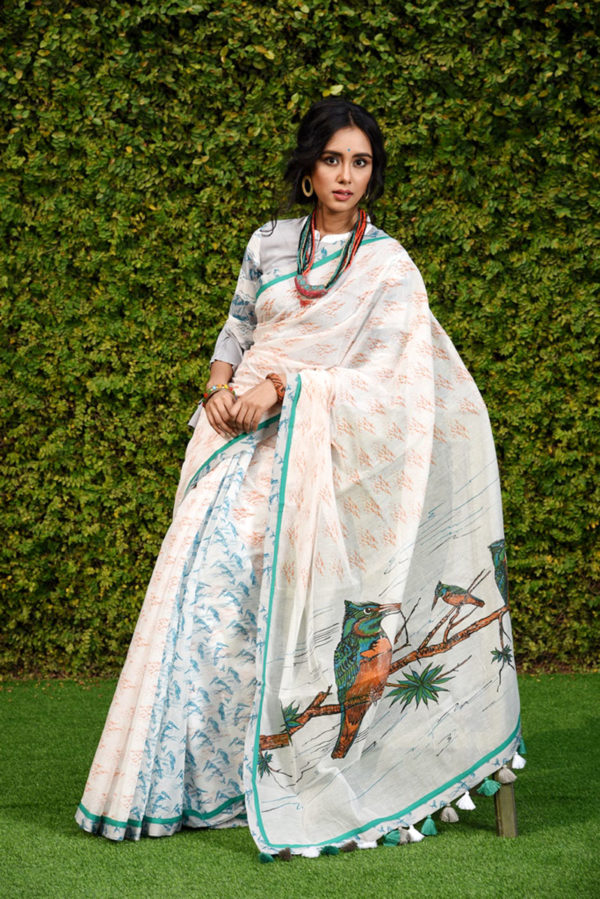 White Half Silk Printed Saree; Handicrafts; Kay Kraft; Bangladesh; Fashion; Textiles; Bangladeshi Fashion