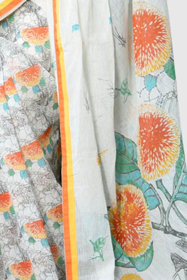 White Printed Half Silk Saree; Handicrafts; Kay Kraft; Bangladesh; Fashion; Textiles; Bangladeshi Fashion