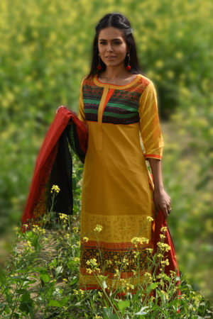 Yellow Cotton Printed & Embroidered Salwar Kameez; Handicrafts; Kay Kraft; Bangladesh; Fashion; Textiles; Bangladeshi Fashion