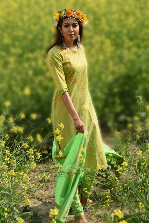 Olive Cotton Printed & Embroidered Salwar Kameez; Handicrafts; Kay Kraft; Bangladesh; Fashion; Textiles; Bangladeshi Fashion