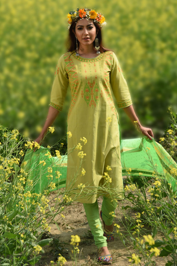 Olive Cotton Printed & Embroidered Salwar Kameez; Handicrafts; Kay Kraft; Bangladesh; Fashion; Textiles; Bangladeshi Fashion