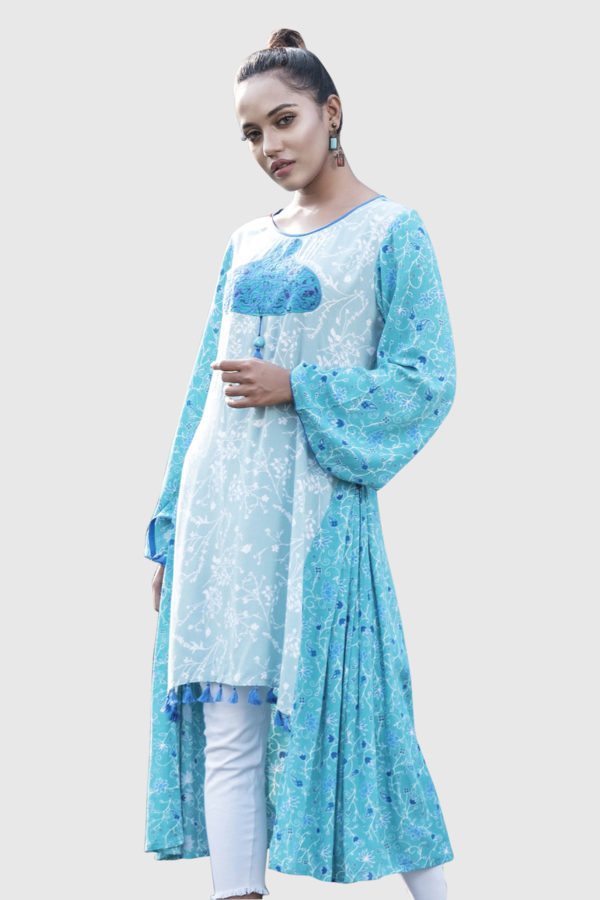 Sky Blue Linen Embroidered Kurti; Handicrafts; Kay Kraft; Bangladesh; Fashion; Textiles; Bangladeshi Fashion; Handicrafts; Kay Kraft; Bangladesh; Fashion; Textiles; Bangladeshi Fashion
