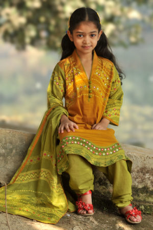 Olive Cotton Printed Salwar Kameez for Girls; Kay Kraft; Bangladesh; Fashion; Textiles;