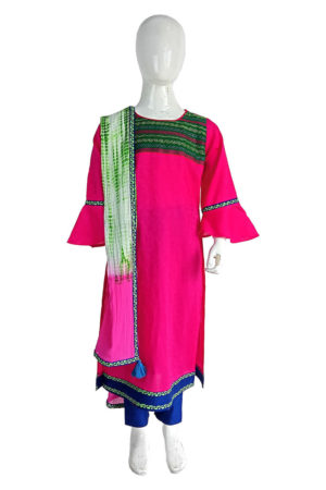 Magenta Cotton Printed, Embroidered Tie-Dyed Salwar Kameez for Junior Girls; Handicrafts; Kay Kraft; Bangladesh; Fashion; Textiles; Bangladeshi Fashion