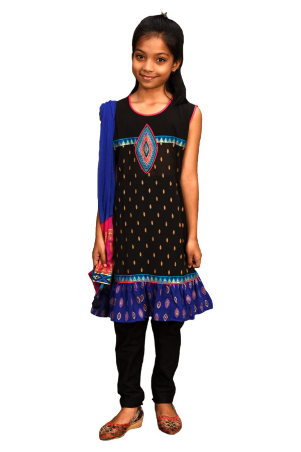 Black Georgette Printed, Embroidered & Tie-dyed Salwar Kameez for Girls; Kay Kraft; Bangladesh; Fashion; Textiles;