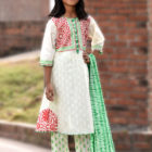 Off-white Cotton Salwar Kameez Set for Girls; Kay Kraft; Bangladesh