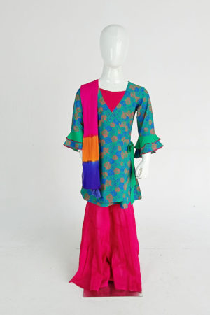 Sea Green Linen Printed, Tie-Dyed with Tassel Top for Junior Girls; Handicrafts; Kay Kraft; Bangladesh; Fashion; Textiles; Bangladeshi Fashion