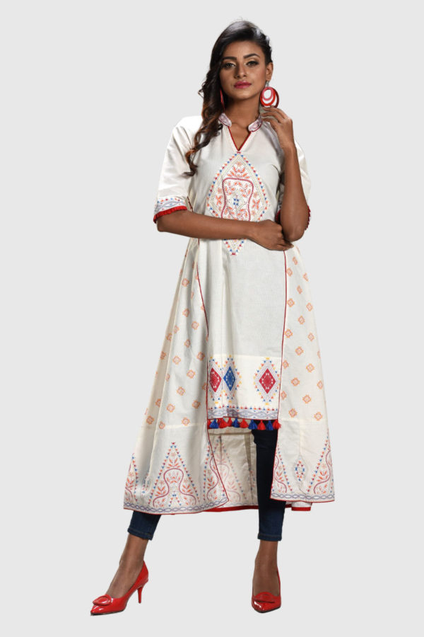White Cotton Printed Kurti; Handicrafts; Kay Kraft; Bangladesh; Fashion; Textiles; Bangladeshi Fashion