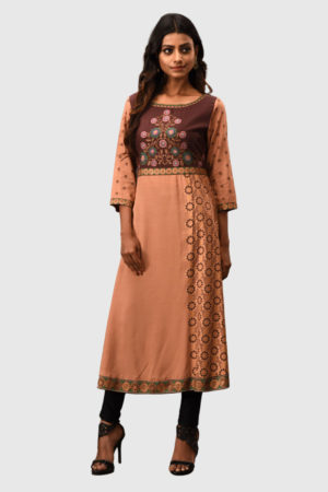 Brown Linen Printed; Embroidered Kurti; Handicrafts; Kay Kraft; Bangladesh; Fashion; Textiles; Bangladeshi Fashion