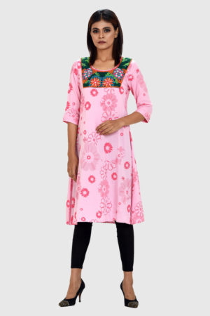 Pink Linen Printed & Hand Embroidered Kurti; Handicrafts; Kay Kraft; Bangladesh; Fashion; Textiles; Bangladeshi Fashion